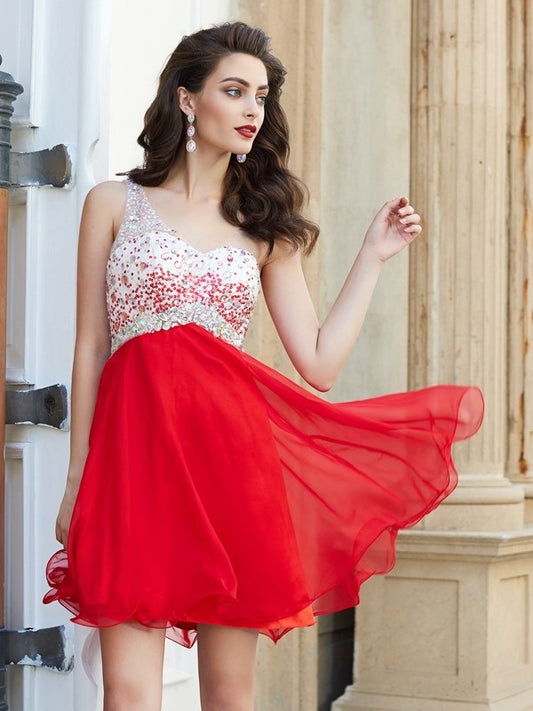 A-line/Princess Sleeveless One-Shoulder Beading Chiffon Short/Mini Dresses