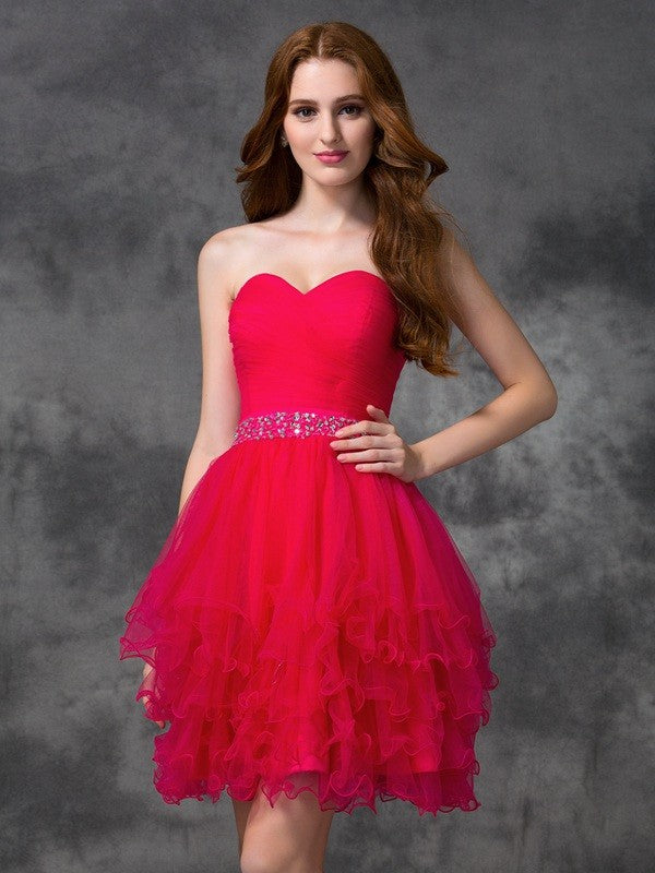 A-line/Princess Sweetheart Homecoming Dresses Beading Sleeveless Athena Short Satin Cocktail Dresses