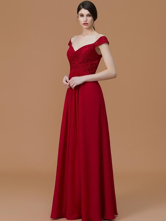 Lace Floor-Length Sleeveless V-neck A-Line/Princess Chiffon Bridesmaid Dresses