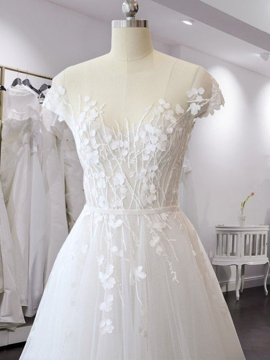 Train Applique Court A-Line/Princess Short V-neck Sleeves Tulle Wedding Dresses