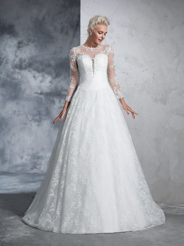 Ball Gown Lace Long Jewel Sleeves Long Lace Wedding Dresses