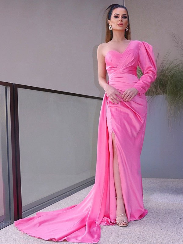 One-Shoulder Long Sleeves Ruched Sheath/Column Charmeuse Sweep/Brush Train Dresses