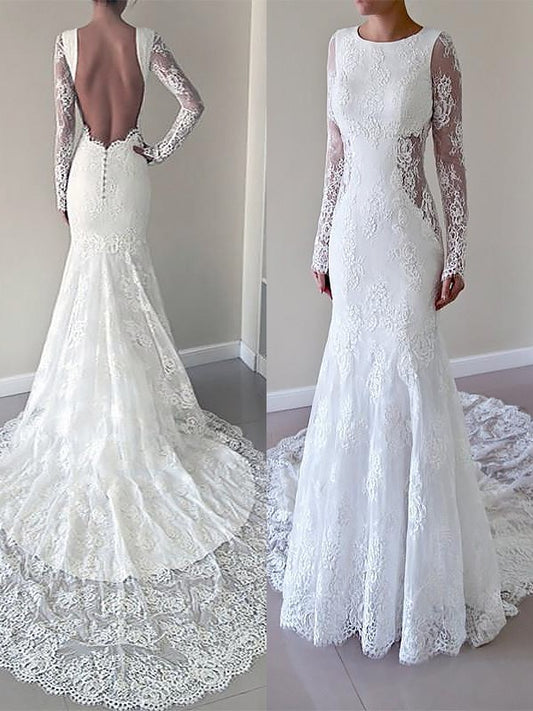 Court Long Scoop Trumpet/Mermaid Train Sleeves Lace Wedding Dresses