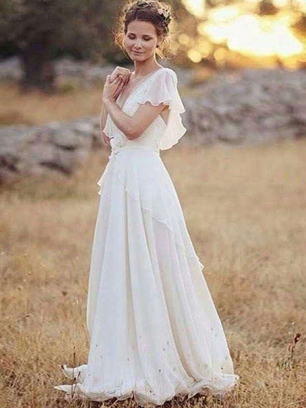 Sleeves A-Line/Princess V-neck Ruched Short Chiffon Floor-Length Wedding Dresses