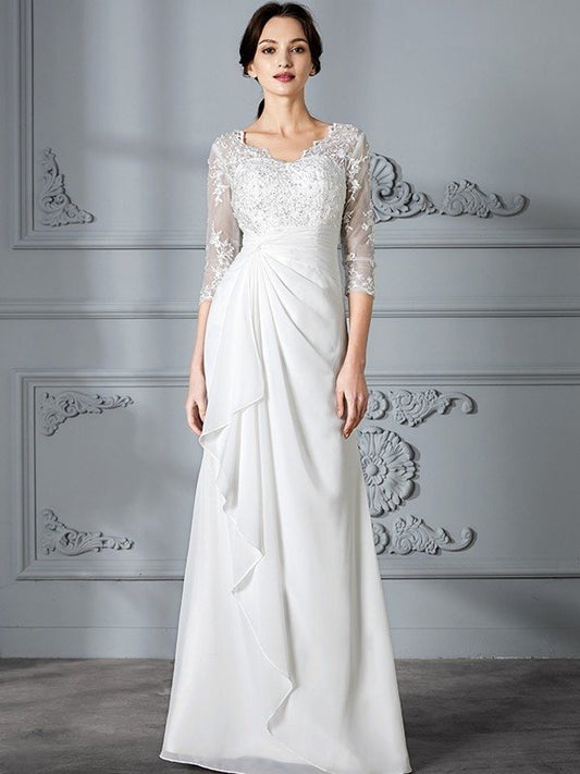 V-neck Chiffon Sheath/Column Sleeves 3/4 Floor-Length Wedding Dresses