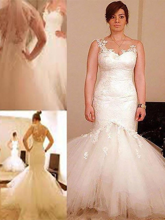 Sleeveless Floor-Length Trumpet/Mermaid Tulle Straps Wedding Dresses