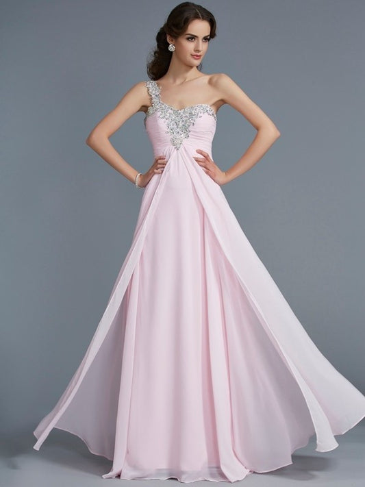 One-Shoulder Beading Applique A-Line/Princess Sleeveless Long Chiffon Dresses