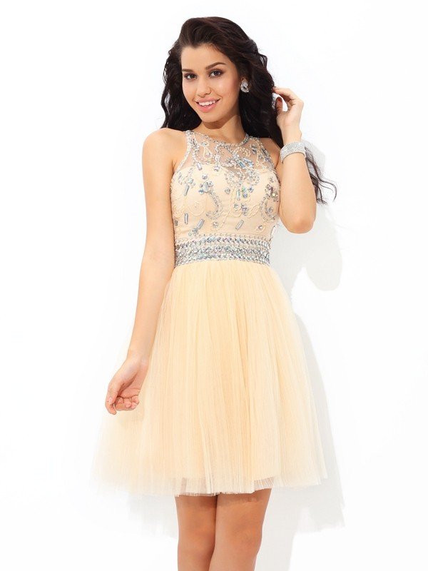 A-Line/Princess Sheer Neck Beading Sleeveless Short Net Homecoming Dresses Cocktail Zoe Dresses