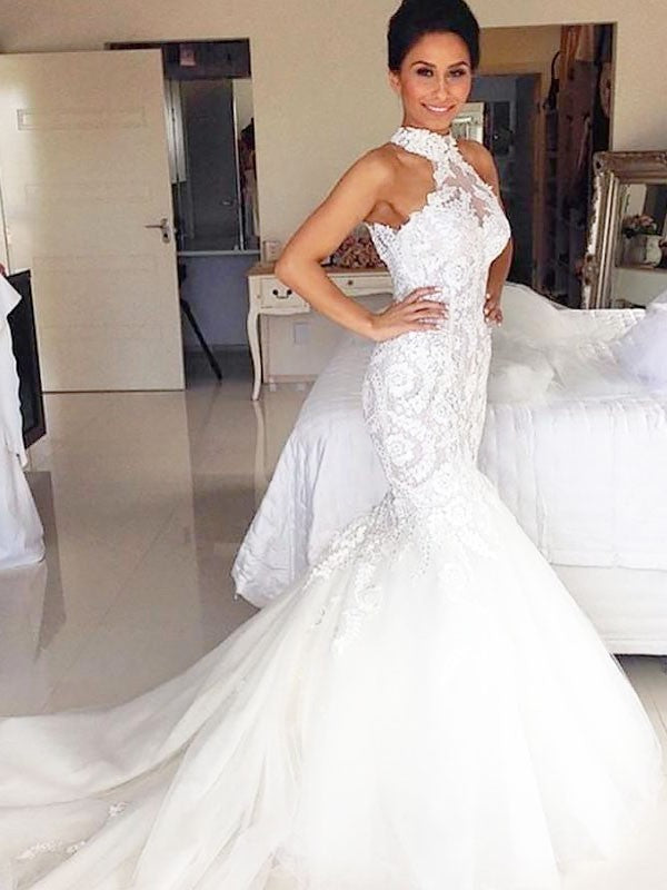 Train Halter Tulle Court Trumpet/Mermaid Sleeveless Wedding Dresses