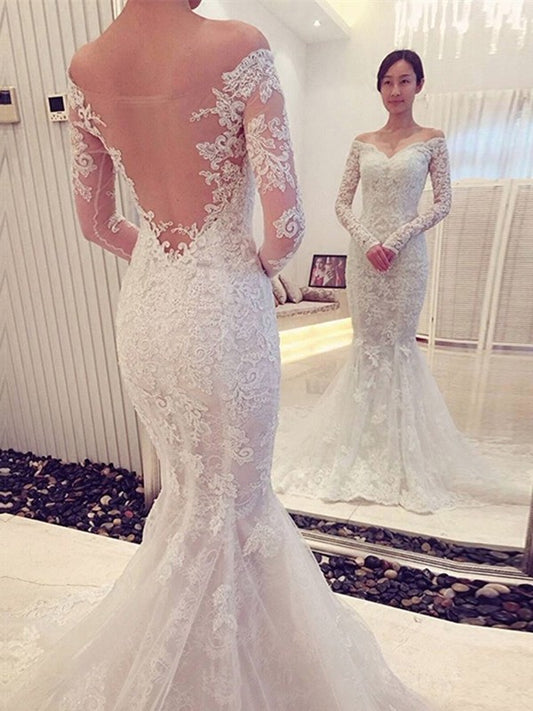 Trumpet/Mermaid Off-the-Shoulder Chapel Sleeves Long Lace Train Wedding Dresses