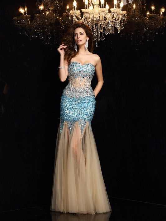 Sheath/Column Sweetheart Beading Sleeveless Long Net Dresses