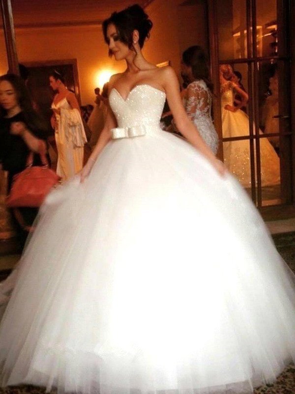 Sweetheart Bowknot Tulle Ball Sleeveless Gown Floor-Length Wedding Dresses