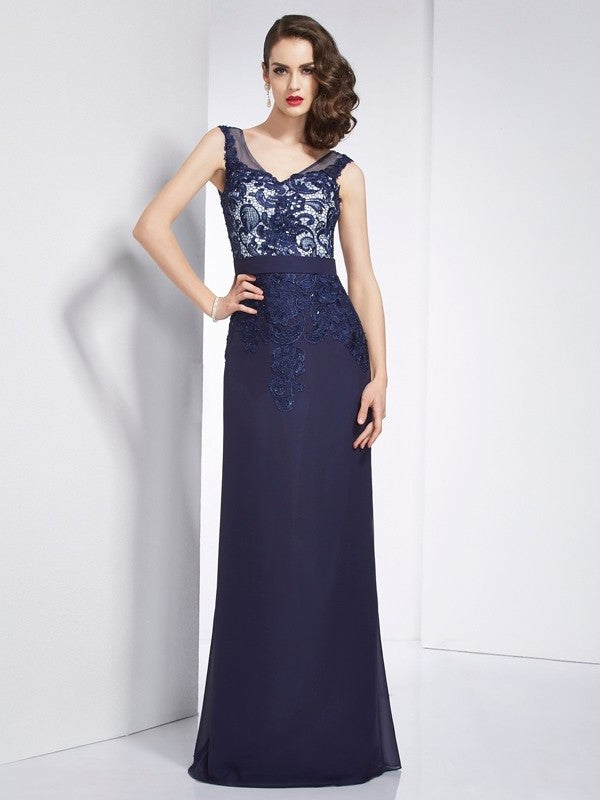 Sheath/Column Beading Applique V-neck Sleeveless Long Chiffon Dresses