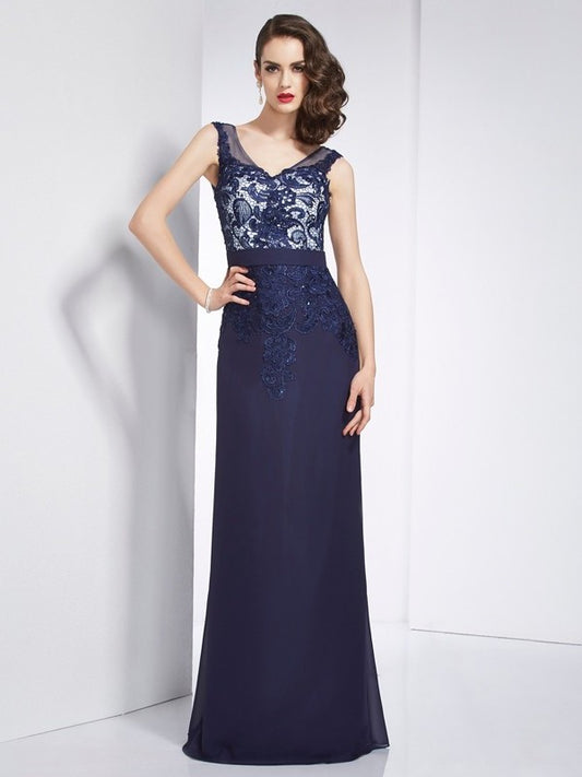 Sheath/Column Beading Applique V-neck Sleeveless Long Chiffon Dresses