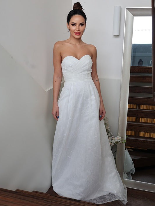 Sweep/Brush A-Line/Princess Sleeveless Ruched Sweetheart Train Wedding Dresses