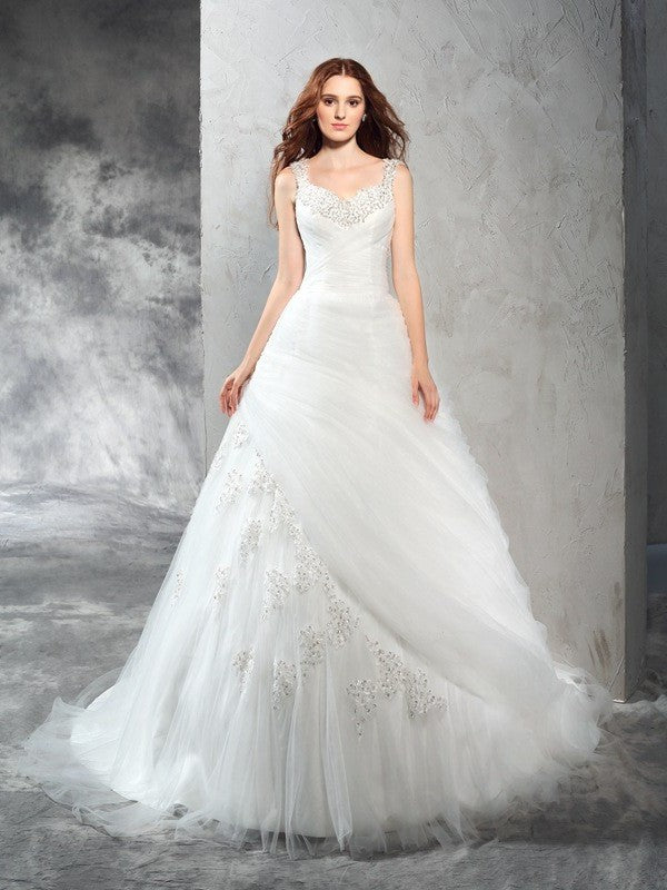 Straps Gown Applique Long Sleeveless Ball Net Wedding Dresses