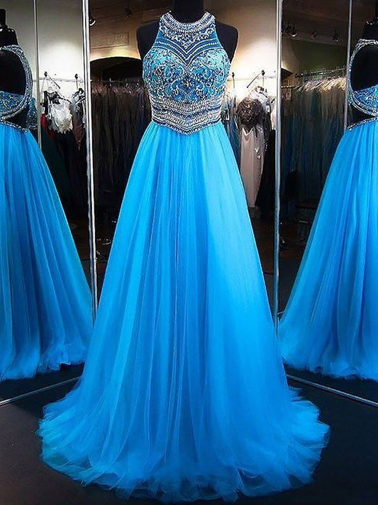 Train A-Line/Princess Sweep/Brush Sleeveless Jewel Beading Tulle Dresses