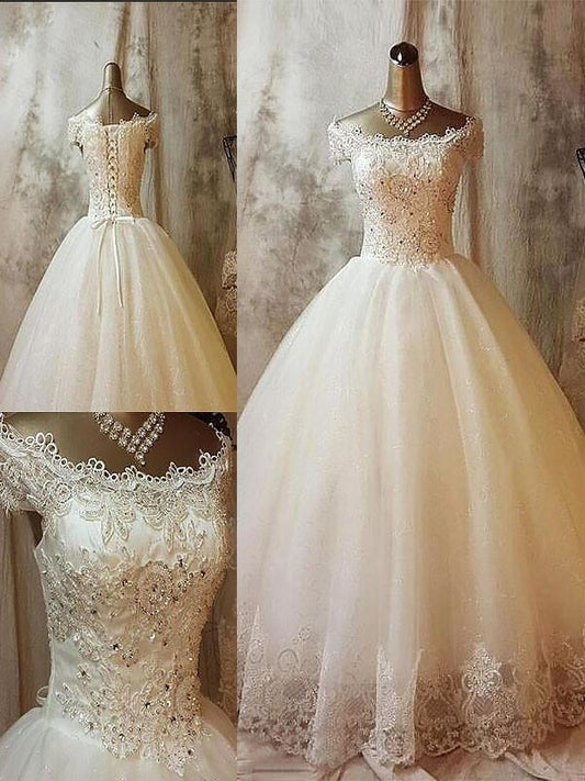 Gown Applique Sleeveless Ball Sweep/Brush Train Off-the-Shoulder Tulle Wedding Dresses