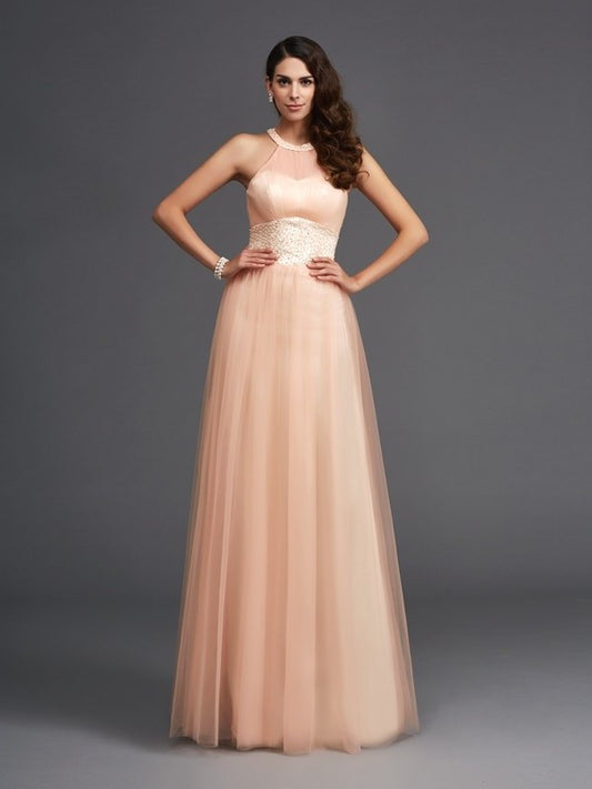 Halter Beading A-Line/Princess Sleeveless Long Net Dresses