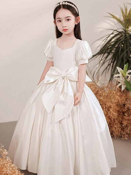 Short Floor-Length Bowknot Satin Sweetheart Sleeves A-Line/Princess Flower Girl Dresses