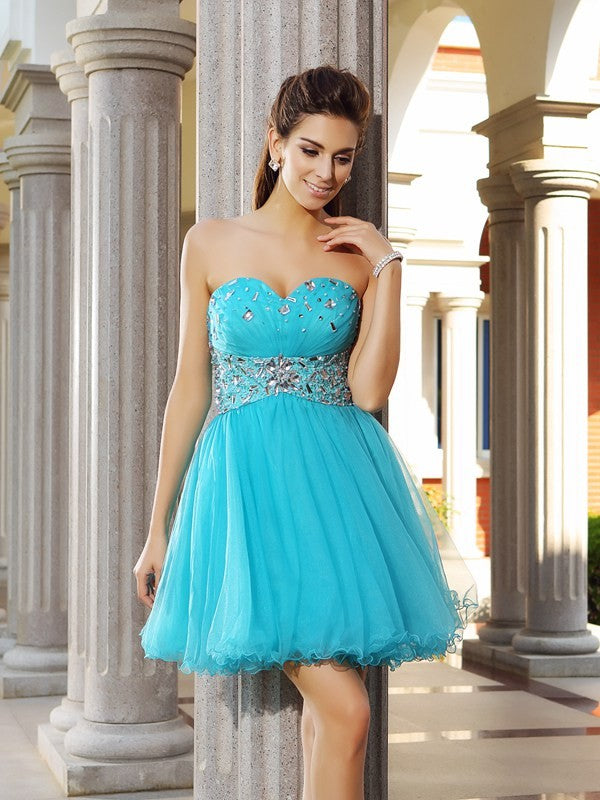 Keely A-Line/Princess Sweetheart Ruffles Homecoming Dresses Sleeveless Short Satin Cocktail Dresses