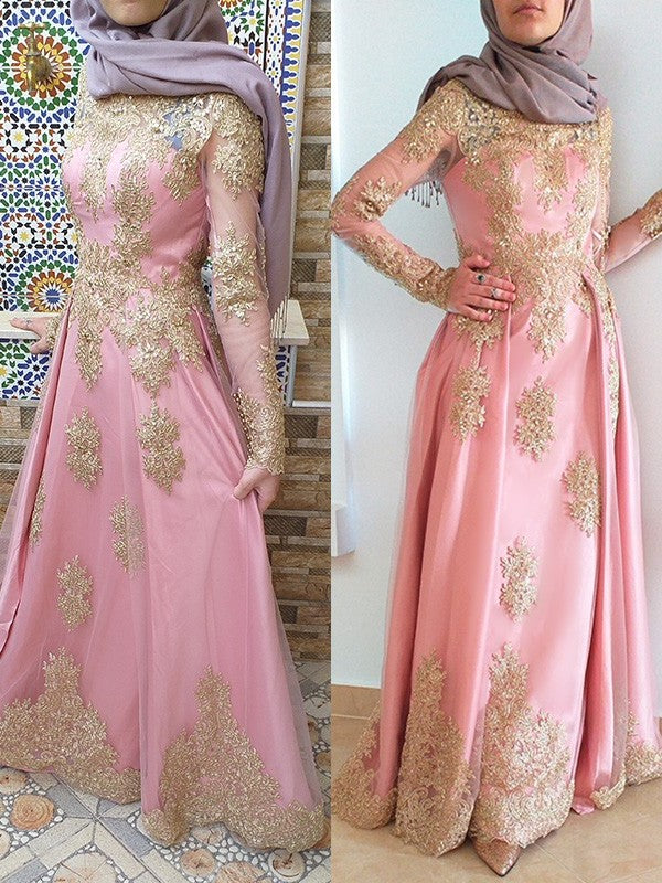 A-Line/Princess Applique Long Scoop Floor-Length Sleeves Tulle Muslim Dresses