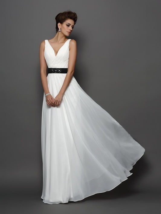 A-Line/Princess Sleeveless V-neck Sash/Ribbon/Belt Long Chiffon Wedding Dresses