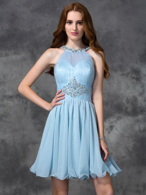 A-line/Princess Scoop Beading Sleeveless Short Chiffon Homecoming Dresses Cocktail Dresses Corinne