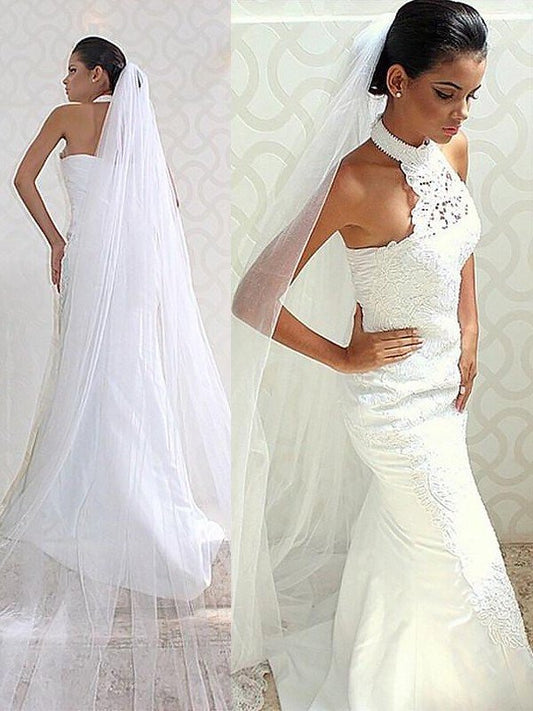 Trumpet/Mermaid Train Sweep/Brush Satin Halter Sleeveless Wedding Dresses