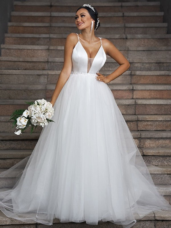 Ruffles Tulle Sleeveless V-neck Sweep/Brush A-Line/Princess Train Wedding Dresses