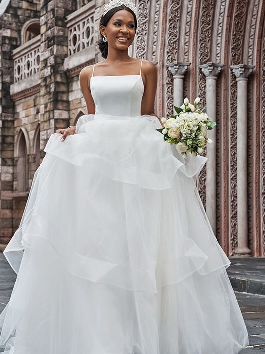 Spaghetti Sweep/Brush Ruffles Tulle Straps Sleeveless A-Line/Princess Train Wedding Dresses