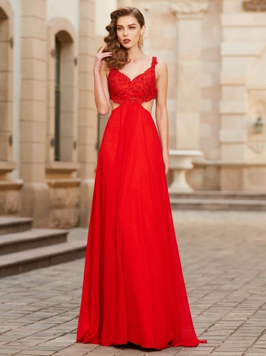 A-Line/Princess Floor-Length Straps Sleeveless Applique Chiffon Dresses