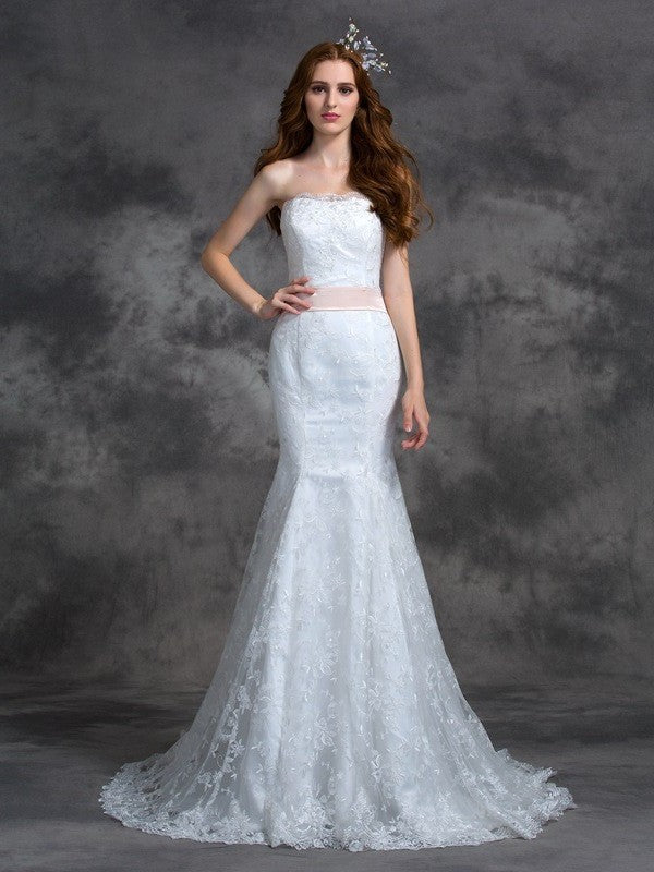 Sash/Ribbon/Belt Strapless Trumpet/Mermaid Sleeveless Long Lace Wedding Dresses