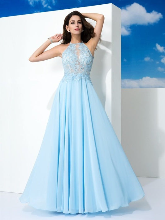 Spaghetti A-Line/Princess Sleeveless Straps Applique Long Chiffon Dresses