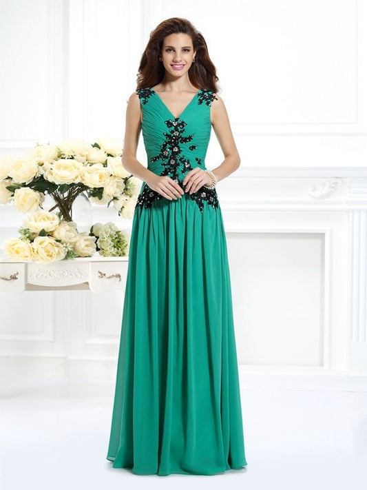 A-Line/Princess Applique Beading V-neck Sleeveless Long Chiffon Dresses