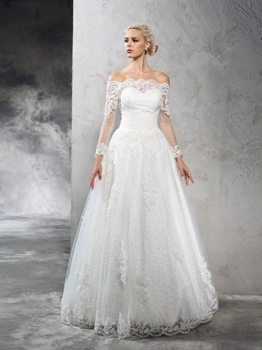 Lace Long Gown Long Sleeves Off-the-Shoulder Ball Net Wedding Dresses