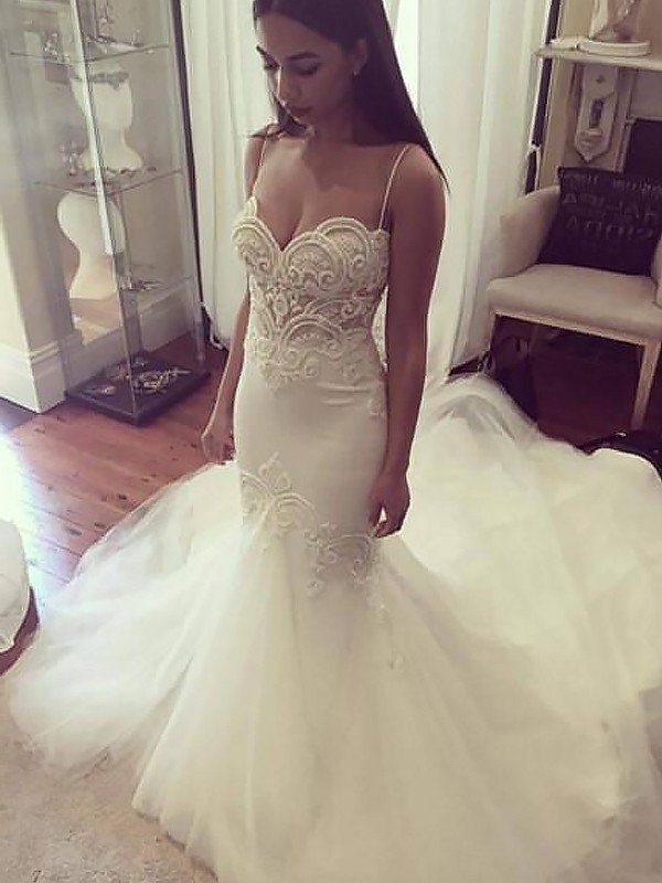 Trumpet/Mermaid Straps Train Sleeveless Chapel Spaghetti Tulle Wedding Dresses