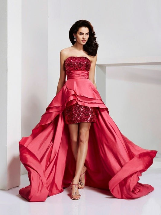 Strapless A-Line/Princess Lace Sleeveless High Low Taffeta Dresses