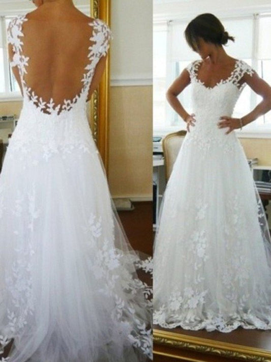 Sleeveless A-Line/Princess Train Sweep/Brush V-neck Lace Tulle Wedding Dresses