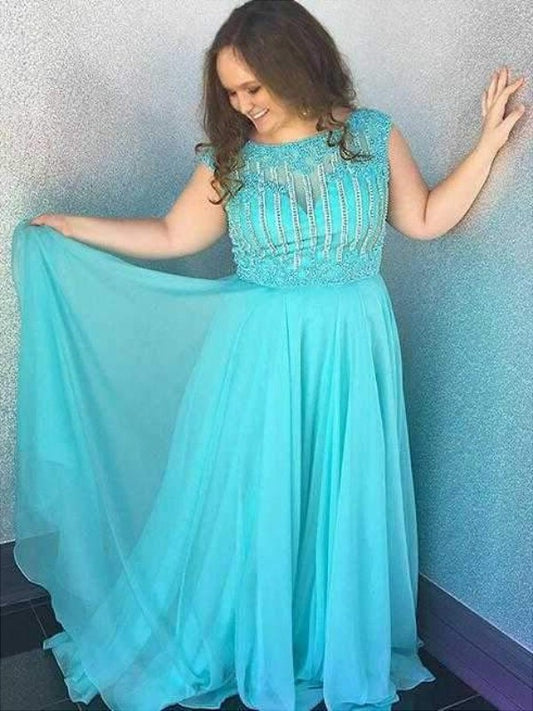 A-Line/Princess Bateau Beading Sleeveless Train Sweep/Brush Chiffon Plus Size Dresses