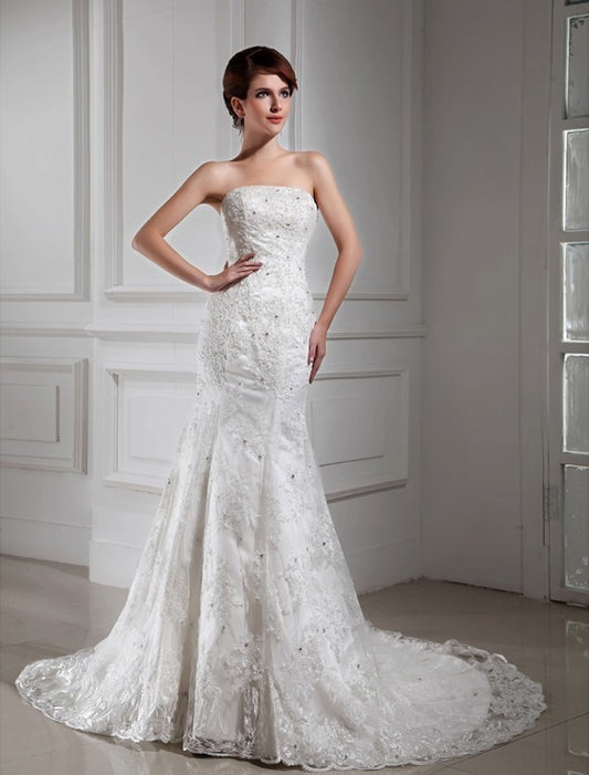 Strapless Lace Beading Sleeveless Trumpet/Mermaid Satin Wedding Dresses