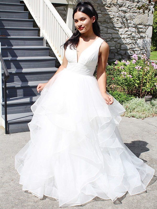 Sleeveless Ruffles Gown V-neck Ball Organza Floor-Length Wedding Dresses