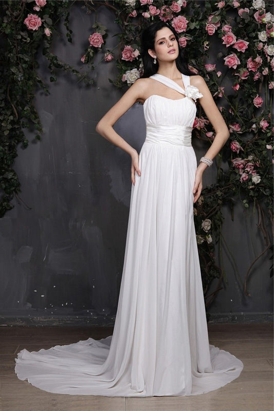 Long Flower Pleats Sleeveless Hand-Made Sheath/Column Halter Chiffon Wedding Dresses