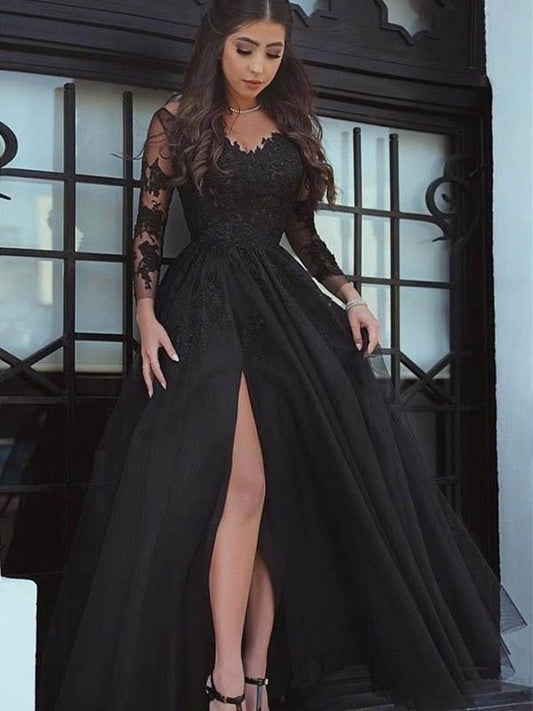 Gown Off-the-Shoulder Long Floor-Length Ball Sleeves Tulle Applique Dresses