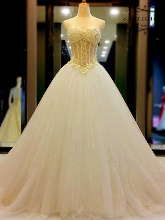 Beading Train Tulle Sweetheart Court Gown Ball Sleeveless Wedding Dresses