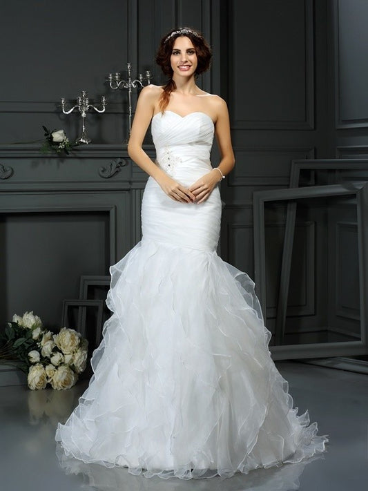 Long Sleeveless Trumpet/Mermaid Beading Sweetheart Organza Wedding Dresses