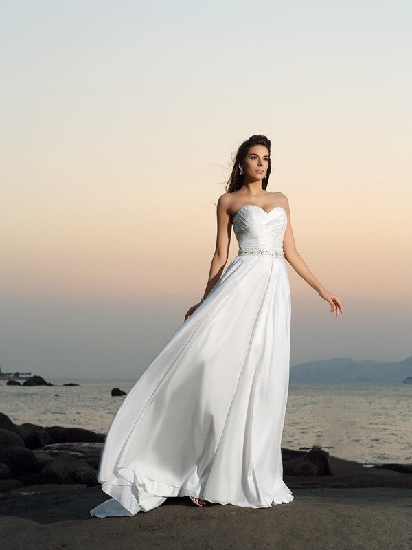 Sleeveless Beading A-Line/Princess Sweetheart Long Taffeta Beach Wedding Dresses