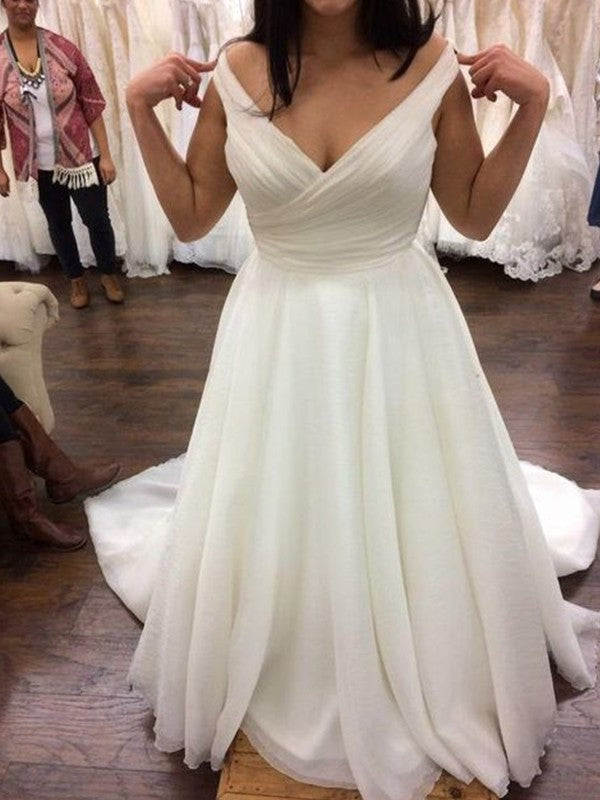 Train Ruffles V-neck Plus A-Line/Princess Sleeveless Chiffon Sweep/Brush Size Wedding Dresses