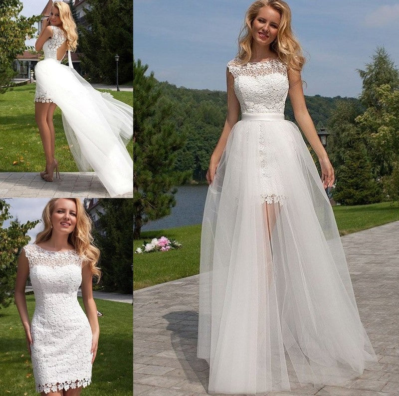 Floor-Length Sleeveless Lace Sheath/Column Scoop Tulle Wedding Dresses