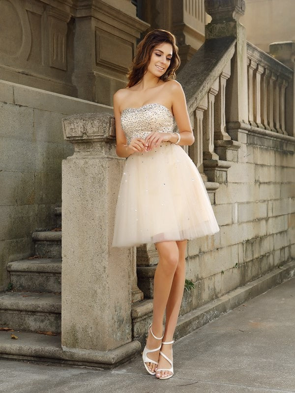 A-Line/Princess Strapless Beading Talia Sleeveless Short Satin Homecoming Dresses Cocktail Dresses